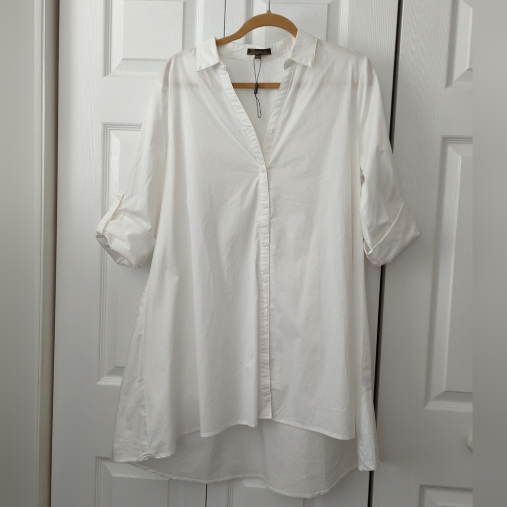 NWOT! ~BACIANO~ GORGEOUS SOLID WHITE FUNKY LAGENLOOK SHIRT DRESS BLOUSE-L
